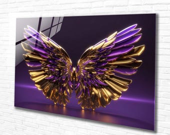 Tempered Glass Wall Art Purple Gold Angel- Panoramic Wall Decor-  Glass Printing- Extra Large Wall Decor, Houeswarming Gifts- Modern Art