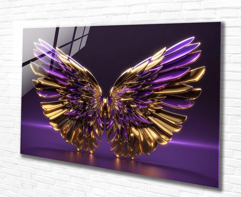 May include: A pair of large, golden wings with purple accents. The wings are spread wide and appear to be made of metal. The background is a deep purple.