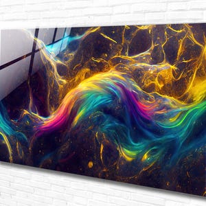 Rainbow Wave Abstract Tempered Glass Wall Art, Panoramic Wall Art, Extra Large Wall Art, Houeswarming Gift, Office Gift, Modern Wall Hanging