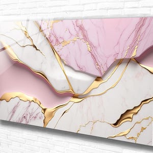 Tempered Glass Wall Art Marble Abstract White Pink Gold,Panoramic Wall Art,Extra Large Wall Art,Houeswarming gift,Office gift, Wall decor image 1