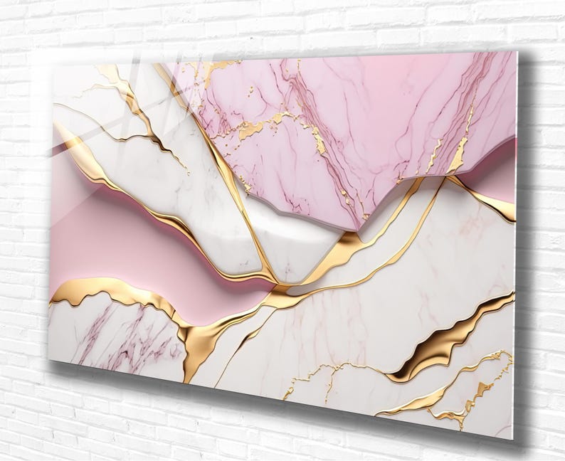 Tempered Glass Wall Art Marble Abstract White Pink Gold,Panoramic Wall Art,Extra Large Wall Art,Houeswarming gift,Office gift, Wall decor image 1