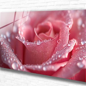 Tempered Glass Wall Art -Pink Rose with Water Droplets -Modern Floral Artwork for Bedroom or Living Room, Extra Large Wall Art, gift for mom
