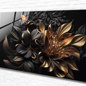 Tempered Glass Wall Art Black Gold Flower, Large Glass Backsplah wall art , Panoramic Wall Art, Extra Large Wall Art, Modern Wall Hanging