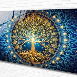 Tempered Glass Wall Art ,Tree of Life in Gold and Blue , Spiritual Wall Decor for Living Room or Meditation Room , Extra Large Home Decor ,