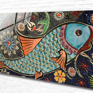 Colorful Fish Tempered Glass Wall Art Animals, Panoramic wall Art, Extra large Wall Art, Houeswarming Gift, Office gift, Modern Wall Hanging