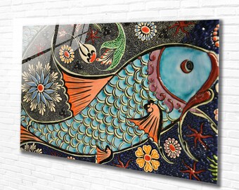 Colorful Fish Tempered Glass Wall Art Animals, Panoramic wall Art, Extra large Wall Art, Houeswarming Gift, Office gift, Modern Wall Hanging