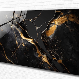 Black Gold Marble Tempered Glass Wall Art Abstract, Panoramic Wall Art,Extra Large Wall Art,Housewarming gift ,Modern Wall Hanging