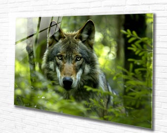 Forest Wolf Tempered Glass Wall Art Animals, Panoramic Wall Art,Extra Larrge Wall Art,Houeswarming gift,Office gift,Modern Wall Hanging