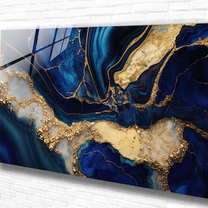 Blue Gold Marble Tempered Glass Wall Art Abstract, Panoramic Wall Art, Extra Larrge Wall Art, Houeswarming gift , Modern Wall Hanging