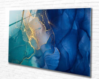 Blue&Green Tempered Glass Wall Art Abstract Gold, Panoramic Wall Art,Extra Larrge Wall Art,Houeswarming gift,Office gift,Modern Wall hanging