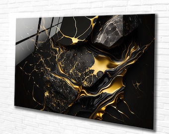 Tempered Glass Wall Art Abstract Black Gold, Home Art Decor, Extra Large Wall Art, Office- Lover Gift, Modern Wall Hanging, Print Art Decor