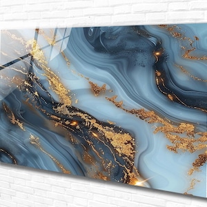 Blue Gold Marble Tempered Glass Wall Art Abstract, Panoramic Wall Art,Extra Larrge Wall Art,Houeswarming gift ,Modern Wall Hanging