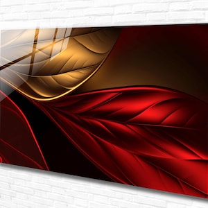 Gold Red Leaf Tempered Glass Wall Art, Panoramic wall Art, Extra Large Wall Art,Wall Decor, Houeswarming Office Gift, Modern Wall Hanging