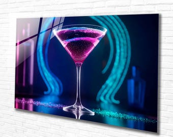 Tempered Glass Wall Art -Neon Cocktail Glass Art-Kitchen Wall Decor- Abstract Extra Large Wall Decor - Modern Wall Hanging-Houeswarming gift