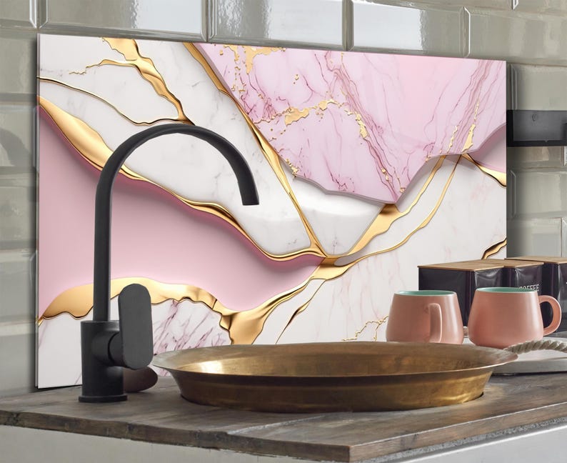 Tempered Glass Wall Art Marble Abstract White Pink Gold,Panoramic Wall Art,Extra Large Wall Art,Houeswarming gift,Office gift, Wall decor image 7