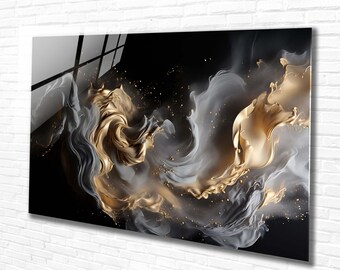 Tempered Glass Wall Art Abstract Black Gold Home Art Decor, Extra Large Wall Art, Office- Lover Gift, Modern Wall Hanging, Print Art Decor