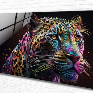 Tempered Glass Wall Art- Colorful Leopard Portrait- Neon Jungle Animal Art- Wall  Decor- Extra Large Wall Decor ,housewarming  office  Gifts