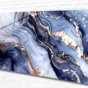 Blue Gold Marble Tempered Glass Wall Art Abstract, Panoramic Wall Art,Extra Larrge Wall Art,Houeswarming gift ,Modern Wall Hanging