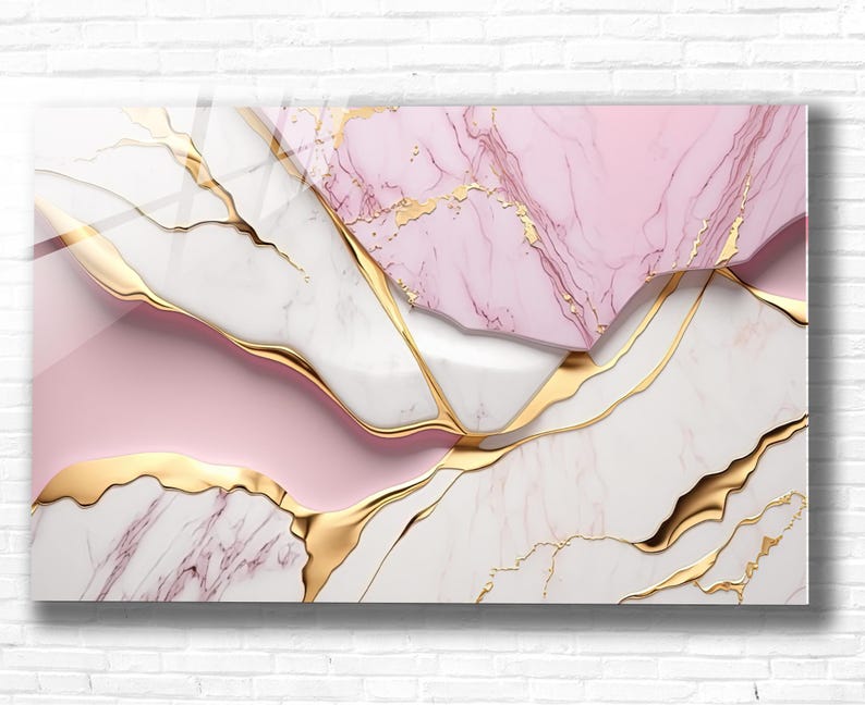 Tempered Glass Wall Art Marble Abstract White Pink Gold,Panoramic Wall Art,Extra Large Wall Art,Houeswarming gift,Office gift, Wall decor image 3