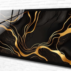 Tempered Glass Wall Art Abstract Black Gold Panoramic Wall Art,Extra Large Wall Art,Houeswarming gift, Office gift, Modern Wall Art Hanging