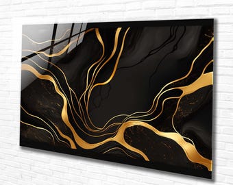 Tempered Glass Wall Art Abstract Black Gold Panoramic Wall Art,Extra Large Wall Art,Houeswarming gift, Office gift, Modern Wall Art Hanging