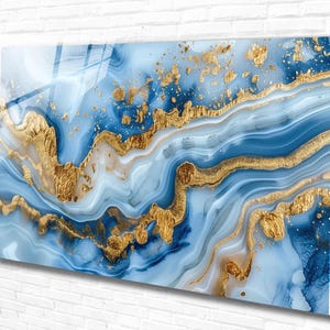 Tempered Glass Wall Art – Blue Gold Marble Art, Modern Abstract Glass Wall Art, Extra Large Wall Decor ,Houeswarming gift , Wall Hanging