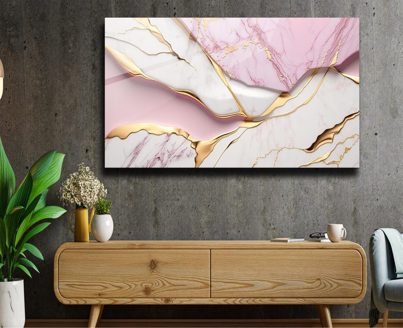 Tempered Glass Wall Art Marble Abstract White Pink Gold,Panoramic Wall Art,Extra Large Wall Art,Houeswarming gift,Office gift, Wall decor image 6
