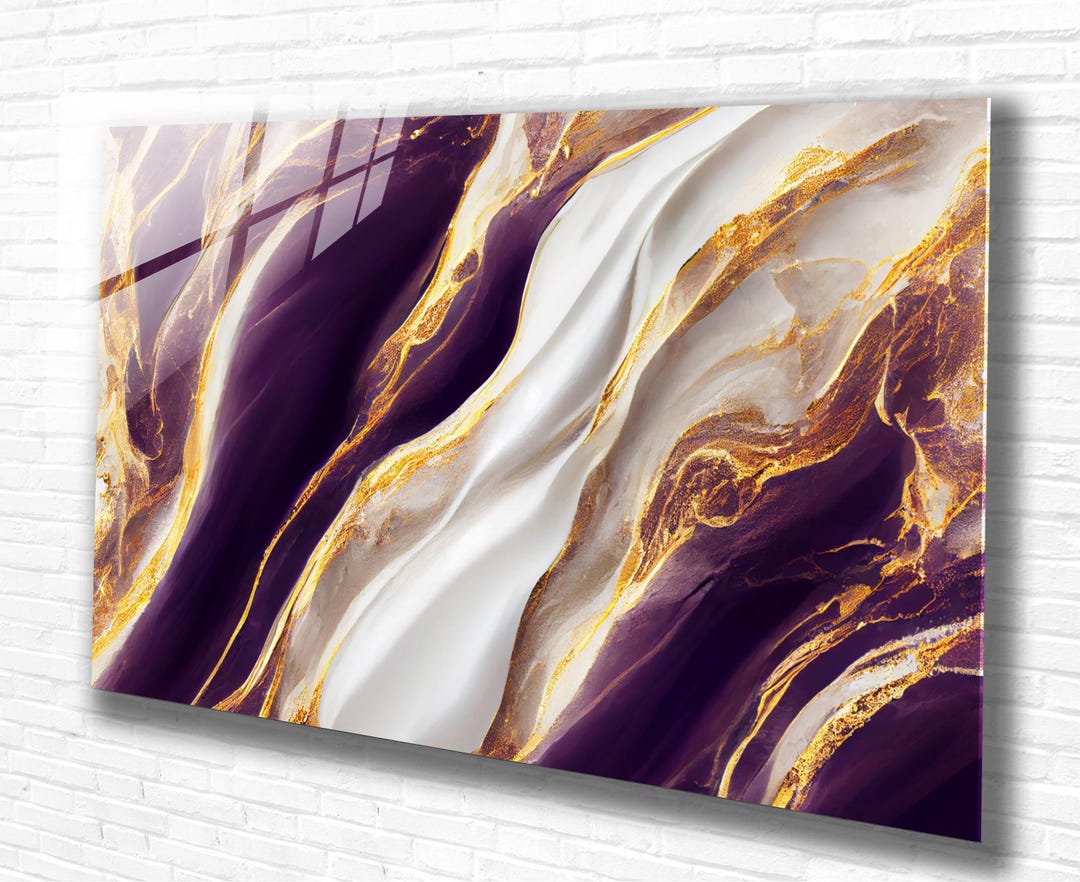 Tempered Glass Wall Art - Purple Gold Marble Abstract - Luxury Modern ...