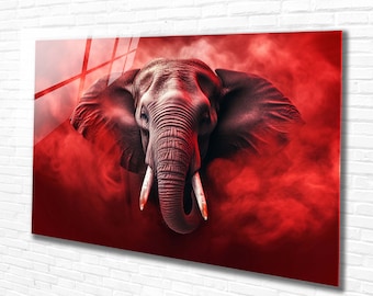 Red Tempered Glass Wall Art Animals elephant, Panoramic wall Art,Extra large Wall Art,houeswarming gift,Office gift,Modern Wall hanging