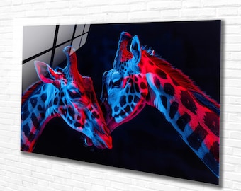 Tempered Glass Wall Art -Neon Giraffe Art, Home Art Wall Decor, Animal Extra Large Abstract Wall Art, Office- Home Gift, Modern Wall Hanging
