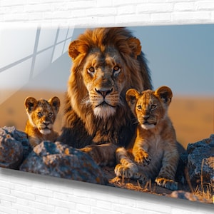 Father Lion Tempered Glass Wall Art Animals , Panoramic Wall Art ,Extra Large Wall Art, Houeswarming gift, Office gift, Modern Wall Hanging