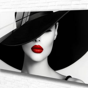 Fashion Tempered Glass Wall Art Woman With Red Lips and Black Hat,Panoramic WallArt,Extra Large Wall Art,HomeOffice Gift,Modern Wall Hanging