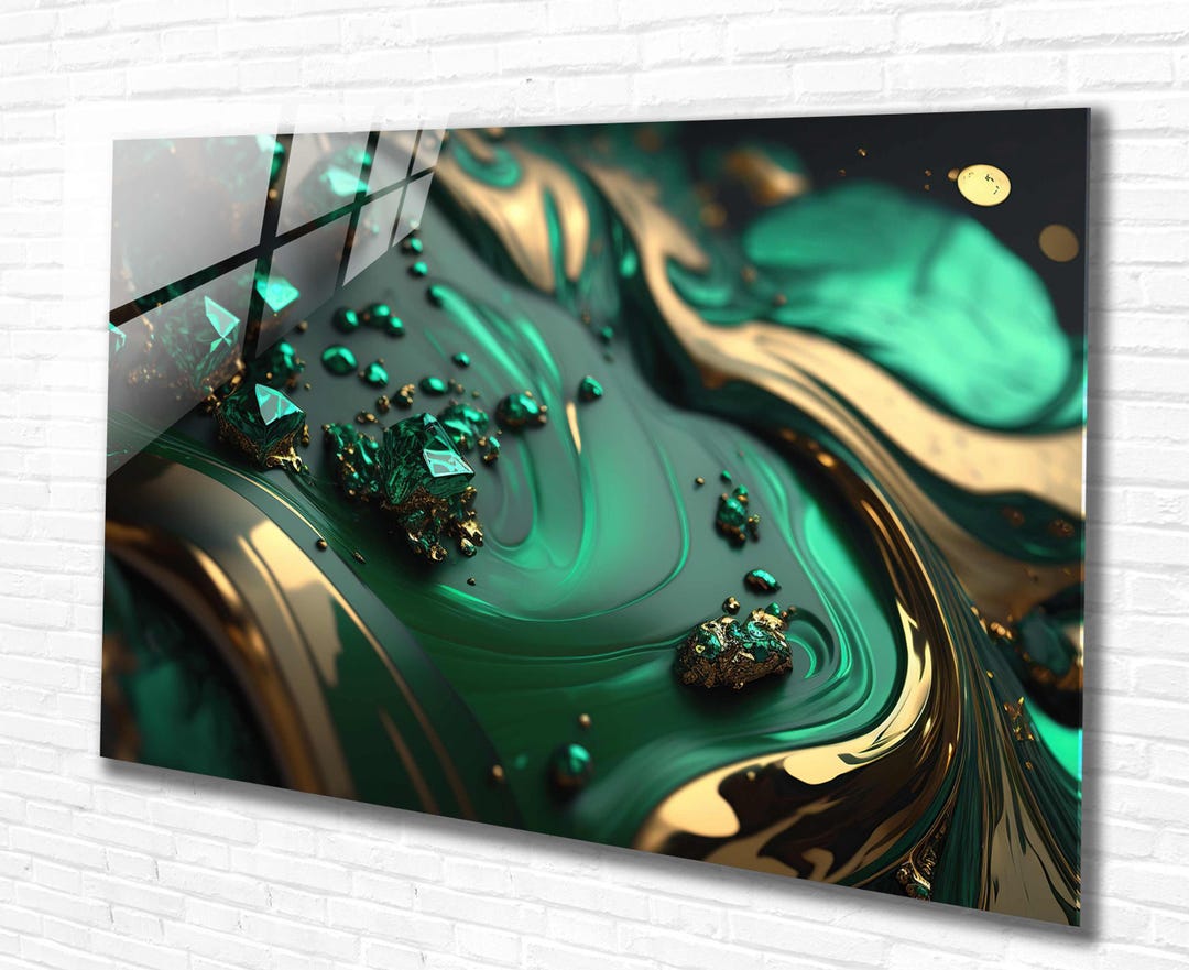 Green Gold Marble Tempered Glass Wall Art Emerald Abstract, Panoramic ...