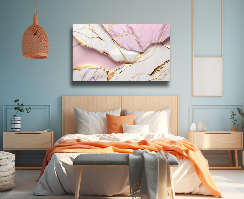 Tempered Glass Wall Art Marble Abstract White Pink Gold,Panoramic Wall Art,Extra Large Wall Art,Houeswarming gift,Office gift, Wall decor image 4