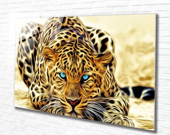 Tempered Glass Wall Art Animal,Blue Eyed Leopard Art,Stained wall Art,Extra large Wall Art,houeswarming gift,Office gift,Modern Wall hanging