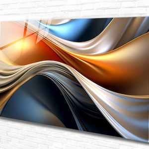 Tempered Glass Wall Art ,Gold Blue Abstract Waves ,Panoramic Wall Art,Extra Large Wall Art,Houeswarming gift,Office gift,Modern Wall Hanging