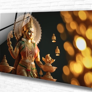 Tempered Glass Wall Art Lakshmi,Hindu Goddess Glass Art Panoramic Wall Art,Extra Large Wall Art,HomeOffice Gift,Hindu Deity Art, Indian Art