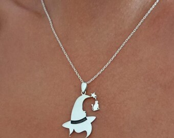 Sterling Silver Witch Hat Necklace: Cat Charm, Halloween gift