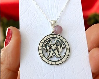 Gemini Zodiac Necklace : Handmade Sterling Silver Astrology Pendant, Gemini Zodiac Madallion Necklace,Calestial Horoscope Talisman