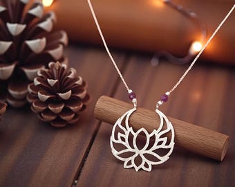 Sterlingzilveren lotusbloemketting, robijnrode steen, spirituele hanger