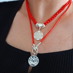 Lotus Flower Pendant Necklace - Flower of Life Necklace - 925 Sterling Silver- Lotus Necklace - Handmade Red Rope Design