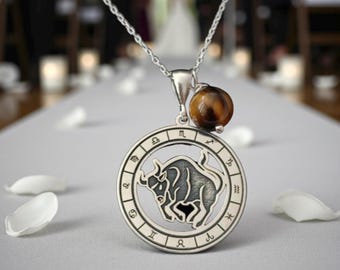 Sterling Silber Stier Sternzeichen Anhänger Halskette, Tigerauge Stein