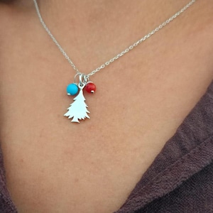Sterling Silver Christmas Tree Necklace: Turquoise & Coral Holiday Pendant