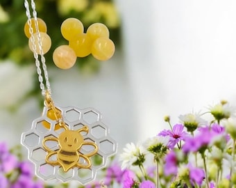 Collar de panal de abeja de plata esterlina: abeja de oro de 14 quilates, joyería bohemia