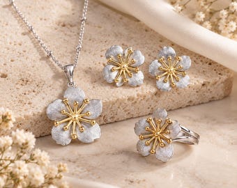 14K Gold Vermeil Sakura Flower Jewelry Set, 925 Silver Cherry Blossom Necklace Earrings Ring, Floral Gift for Her