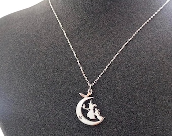 Sterling Silver Witch on Crescent Moon Necklace: Gothic Halloween Jewelry