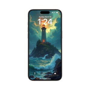 Könnte beinhalten: Ein Telefonbildschirm zeigt einen Leuchtturm auf einer felsigen Insel mit stürmischer See im Hintergrund. Die Uhrzeit ist 1:24 Uhr und das Datum ist Sonntag, der 10. März.