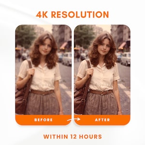 May include: Image comparison showing a woman before and after photo enhancement. The "before" image is blurred, while the "after" image is clear. Text at the top reads "4K RESOLUTION" and at the bottom "WITHIN 12 HOURS".