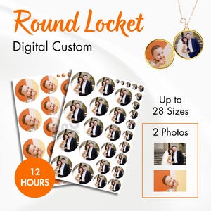 以下が含まれることがあります： 2枚の写真が入る、デジタルでカスタマイズ可能な丸いロケット。ロケットはさまざまなサイズと異なる画像で表示されています。テキスト「最大28サイズ」と「2枚の写真」が表示されています。テキスト「12時間」も表示されています。