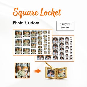 May include: A gold square locket with two photos inside, shown open and closed. The locket is on a gold chain. The image also shows a photo of a girl hugging a dog, and the text "Square Locket Photo Custom".